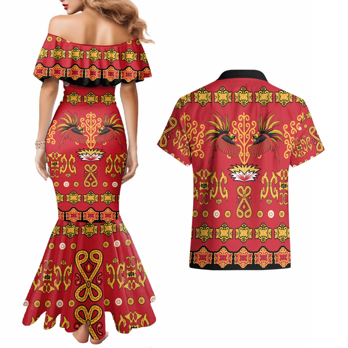 Papua Batik Motif Couples Matching Mermaid Dress and Hawaiian Shirt Papua Spirit Red Version - Polynesian Pride
