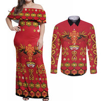 Papua Batik Motif Couples Matching Off Shoulder Maxi Dress and Long Sleeve Button Shirt Papua Spirit Red Version - Polynesian Pride