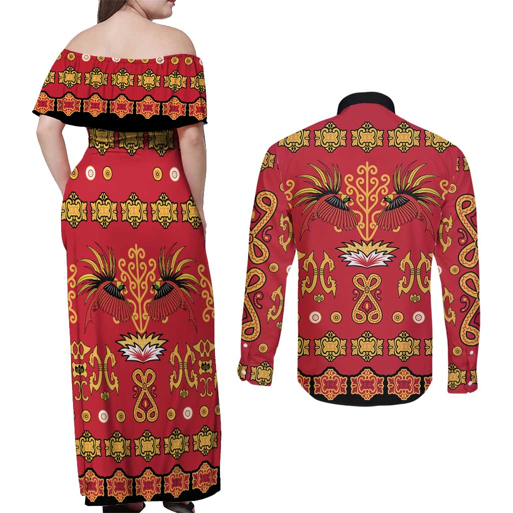 Papua Batik Motif Couples Matching Off Shoulder Maxi Dress and Long Sleeve Button Shirt Papua Spirit Red Version - Polynesian Pride