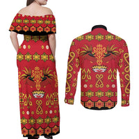 Papua Batik Motif Couples Matching Off Shoulder Maxi Dress and Long Sleeve Button Shirt Papua Spirit Red Version - Polynesian Pride