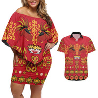 Papua Batik Motif Couples Matching Off Shoulder Short Dress and Hawaiian Shirt Papua Spirit Red Version - Polynesian Pride