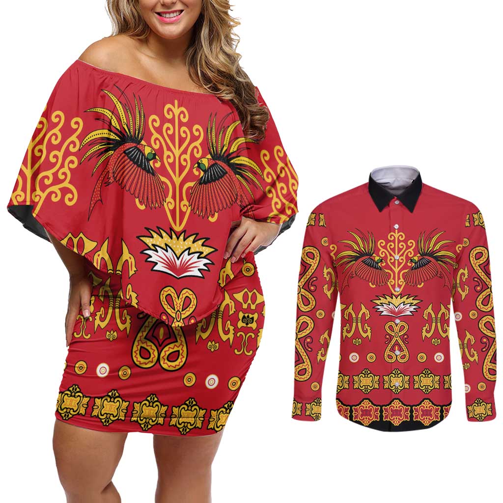 Papua Batik Motif Couples Matching Off Shoulder Short Dress and Long Sleeve Button Shirt Papua Spirit Red Version - Polynesian Pride