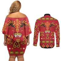 Papua Batik Motif Couples Matching Off Shoulder Short Dress and Long Sleeve Button Shirt Papua Spirit Red Version - Polynesian Pride