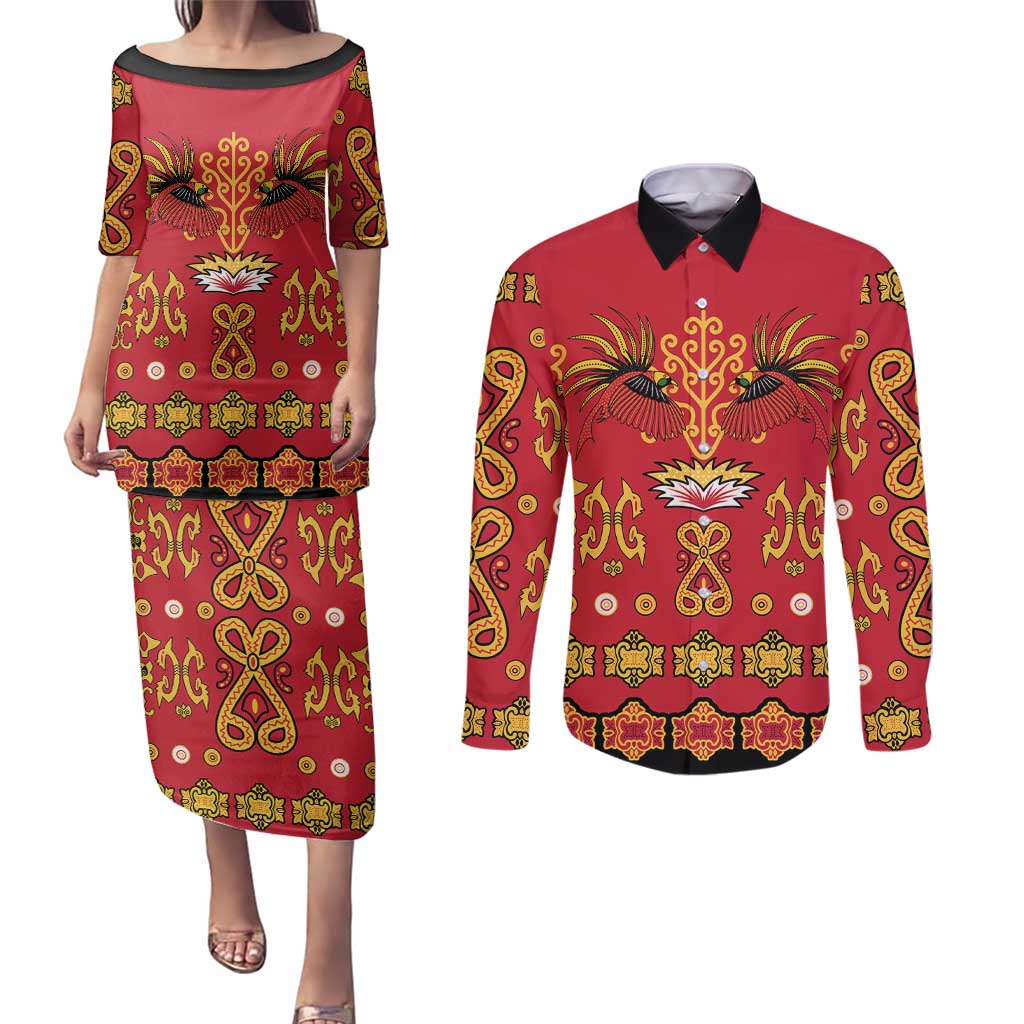 Papua Batik Motif Couples Matching Puletasi and Long Sleeve Button Shirt Papua Spirit Red Version - Polynesian Pride