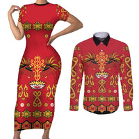 Papua Batik Motif Couples Matching Short Sleeve Bodycon Dress and Long Sleeve Button Shirt Papua Spirit Red Version - Polynesian Pride