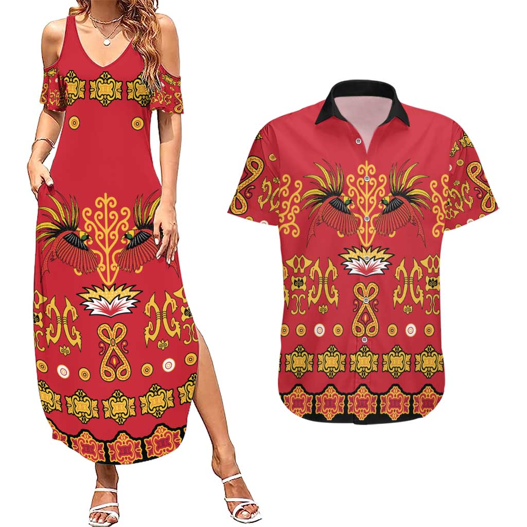 Papua Batik Motif Couples Matching Summer Maxi Dress and Hawaiian Shirt Papua Spirit Red Version - Polynesian Pride