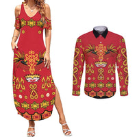 Papua Batik Motif Couples Matching Summer Maxi Dress and Long Sleeve Button Shirt Papua Spirit Red Version - Polynesian Pride