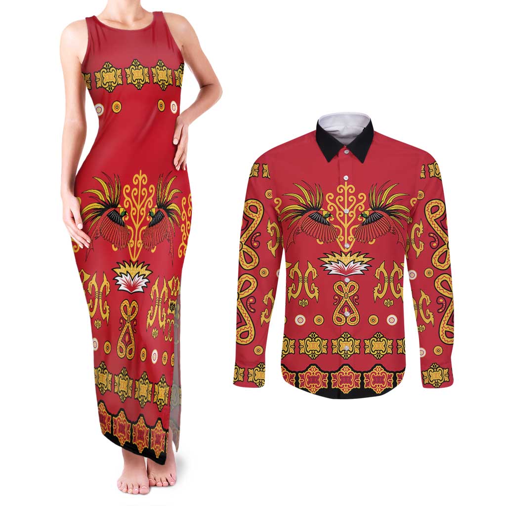 Papua Batik Motif Couples Matching Tank Maxi Dress and Long Sleeve Button Shirt Papua Spirit Red Version - Polynesian Pride