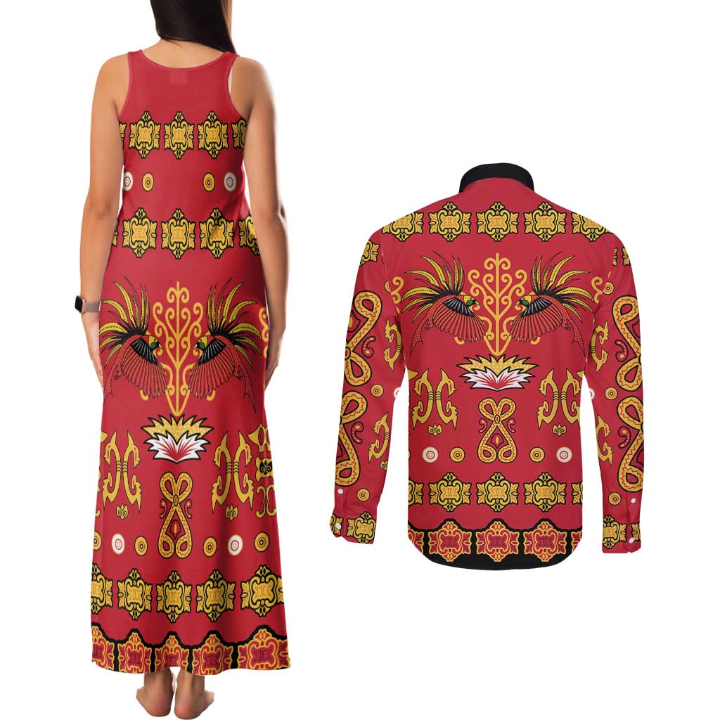 Papua Batik Motif Couples Matching Tank Maxi Dress and Long Sleeve Button Shirt Papua Spirit Red Version - Polynesian Pride