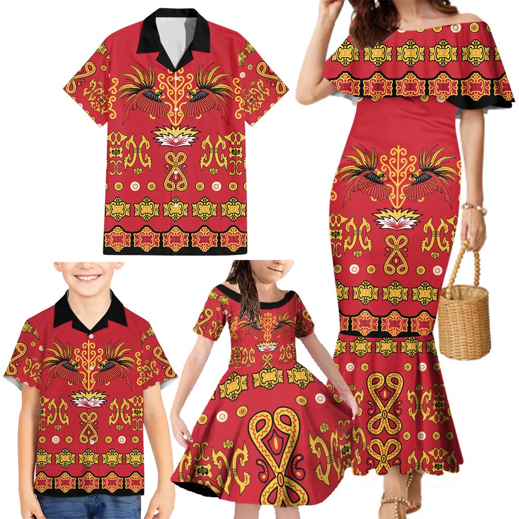 Papua Batik Motif Family Matching Mermaid Dress and Hawaiian Shirt Papua Spirit Red Version - Polynesian Pride