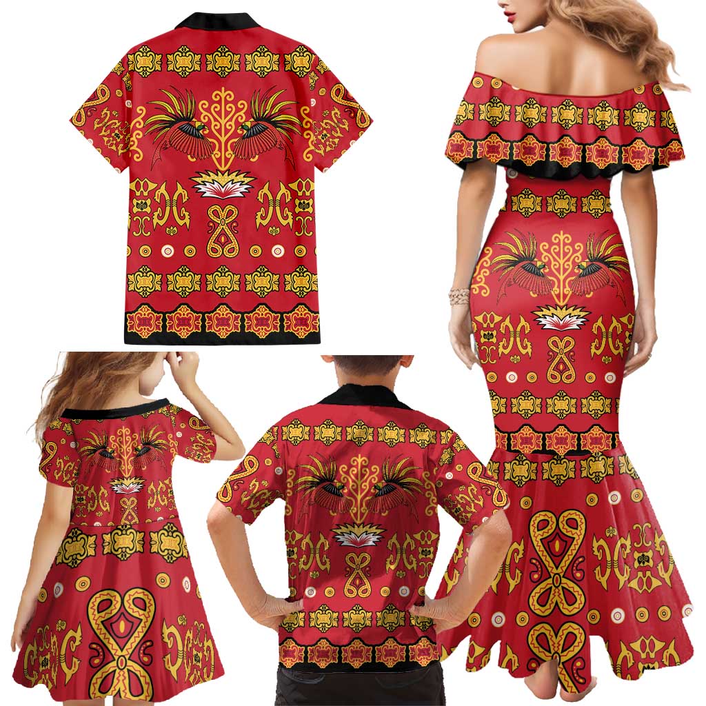 Papua Batik Motif Family Matching Mermaid Dress and Hawaiian Shirt Papua Spirit Red Version - Polynesian Pride