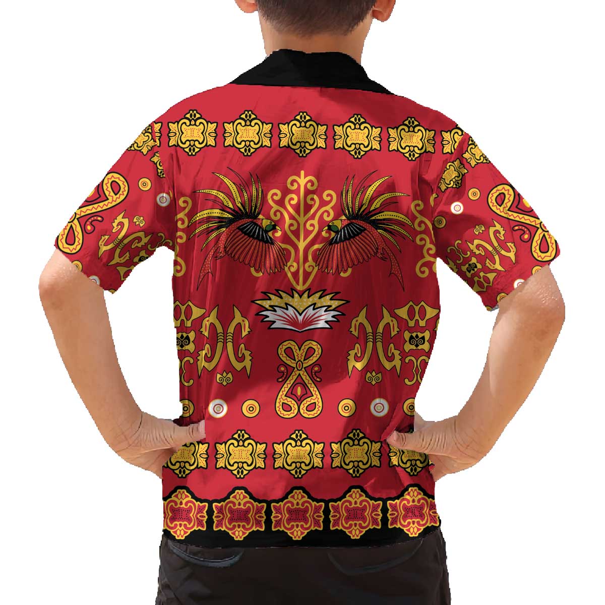 Papua Batik Motif Family Matching Off The Shoulder Long Sleeve Dress and Hawaiian Shirt Papua Spirit Red Version - Polynesian Pride