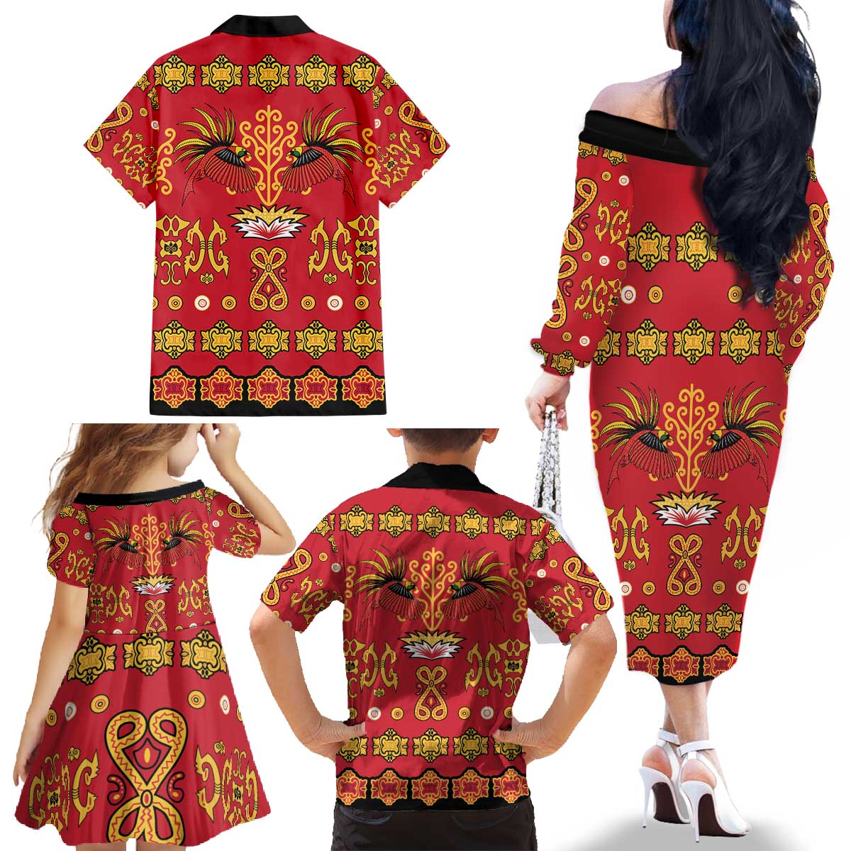 Papua Batik Motif Family Matching Off The Shoulder Long Sleeve Dress and Hawaiian Shirt Papua Spirit Red Version - Polynesian Pride