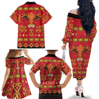 Papua Batik Motif Family Matching Off The Shoulder Long Sleeve Dress and Hawaiian Shirt Papua Spirit Red Version - Polynesian Pride