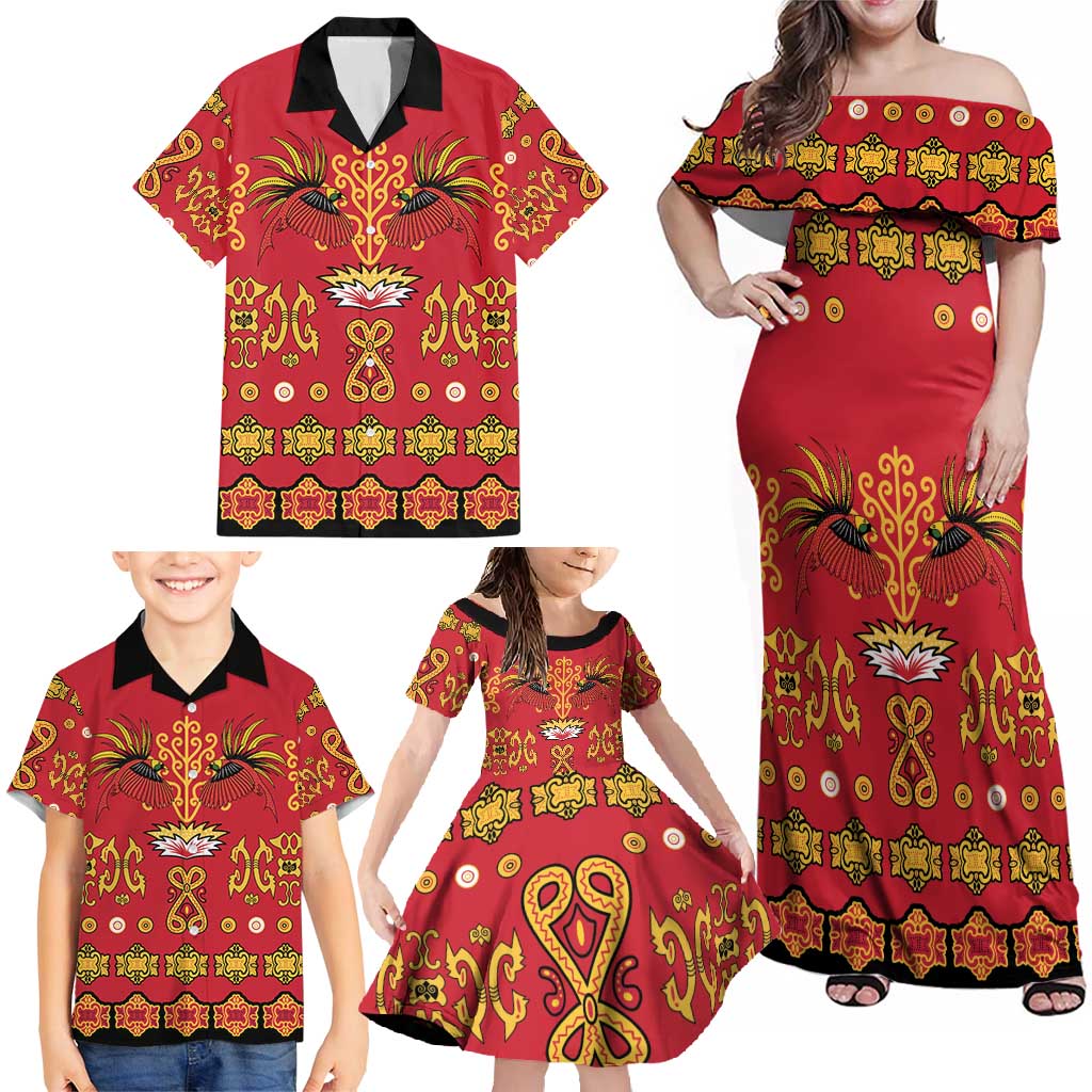 Papua Batik Motif Family Matching Off Shoulder Maxi Dress and Hawaiian Shirt Papua Spirit Red Version - Polynesian Pride