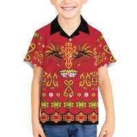 Papua Batik Motif Family Matching Off Shoulder Maxi Dress and Hawaiian Shirt Papua Spirit Red Version - Polynesian Pride