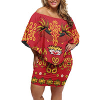 Papua Batik Motif Family Matching Off Shoulder Short Dress and Hawaiian Shirt Papua Spirit Red Version - Polynesian Pride