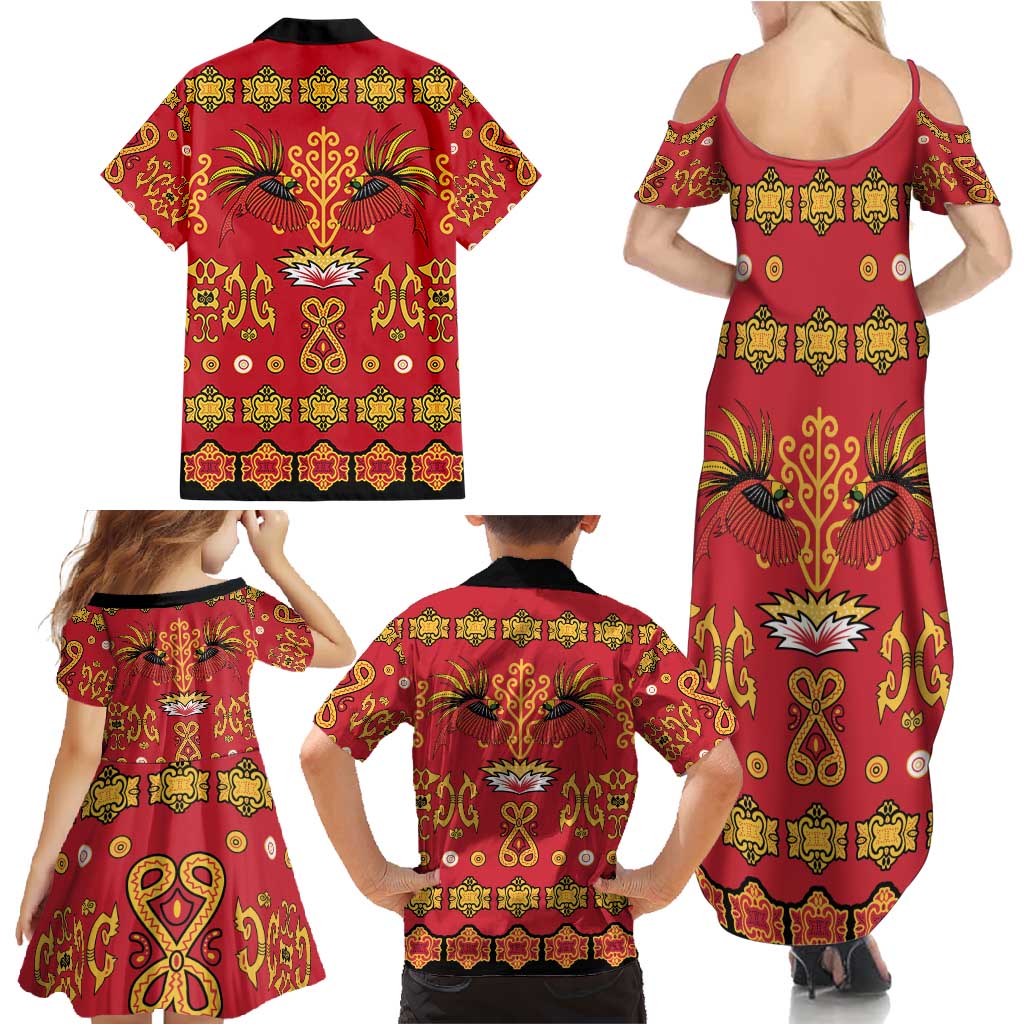 Papua Batik Motif Family Matching Summer Maxi Dress and Hawaiian Shirt Papua Spirit Red Version - Polynesian Pride