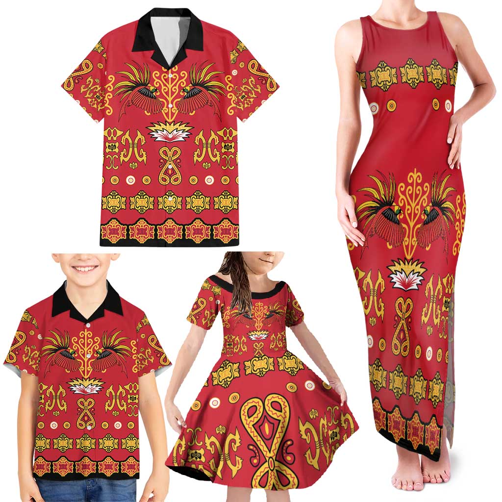Papua Batik Motif Family Matching Tank Maxi Dress and Hawaiian Shirt Papua Spirit Red Version - Polynesian Pride