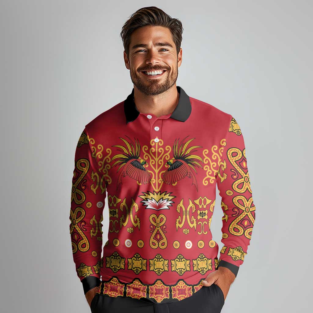 Papua Batik Motif Long Sleeve Polo Shirt Papua Spirit Red Version - Polynesian Pride
