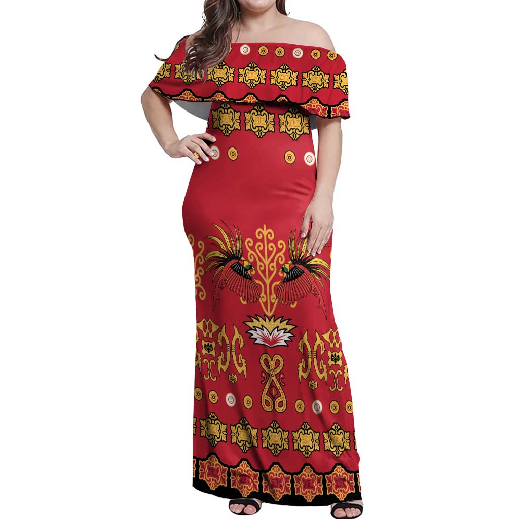 Papua Batik Motif Off Shoulder Maxi Dress Papua Spirit Red Version LT05 Women Red - Polynesian Pride