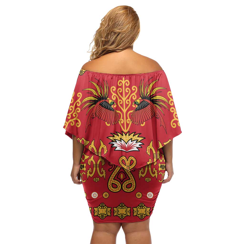 Papua Batik Motif Off Shoulder Short Dress Papua Spirit Red Version - Polynesian Pride