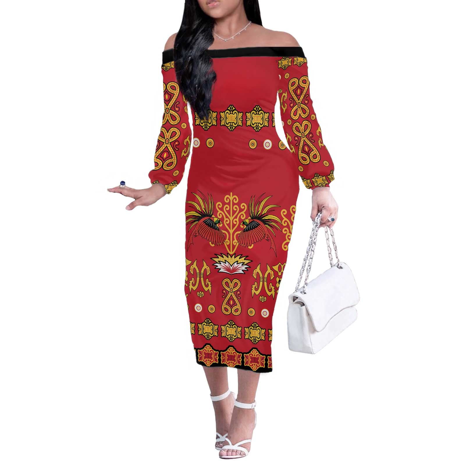 Papua Batik Motif Off The Shoulder Long Sleeve Dress Papua Spirit Red Version - Polynesian Pride