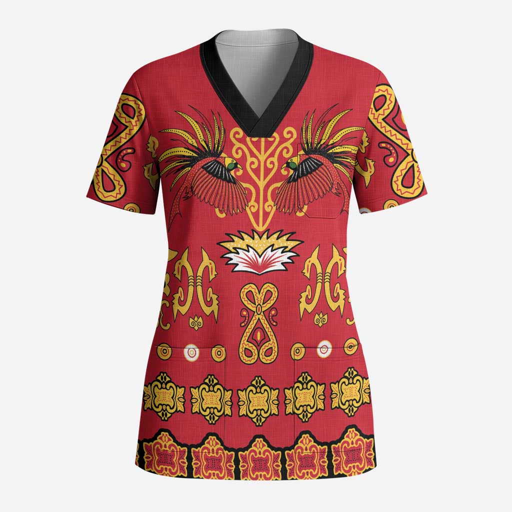 Papua Batik Motif Scrub Top Papua Spirit Red Version - Polynesian Pride