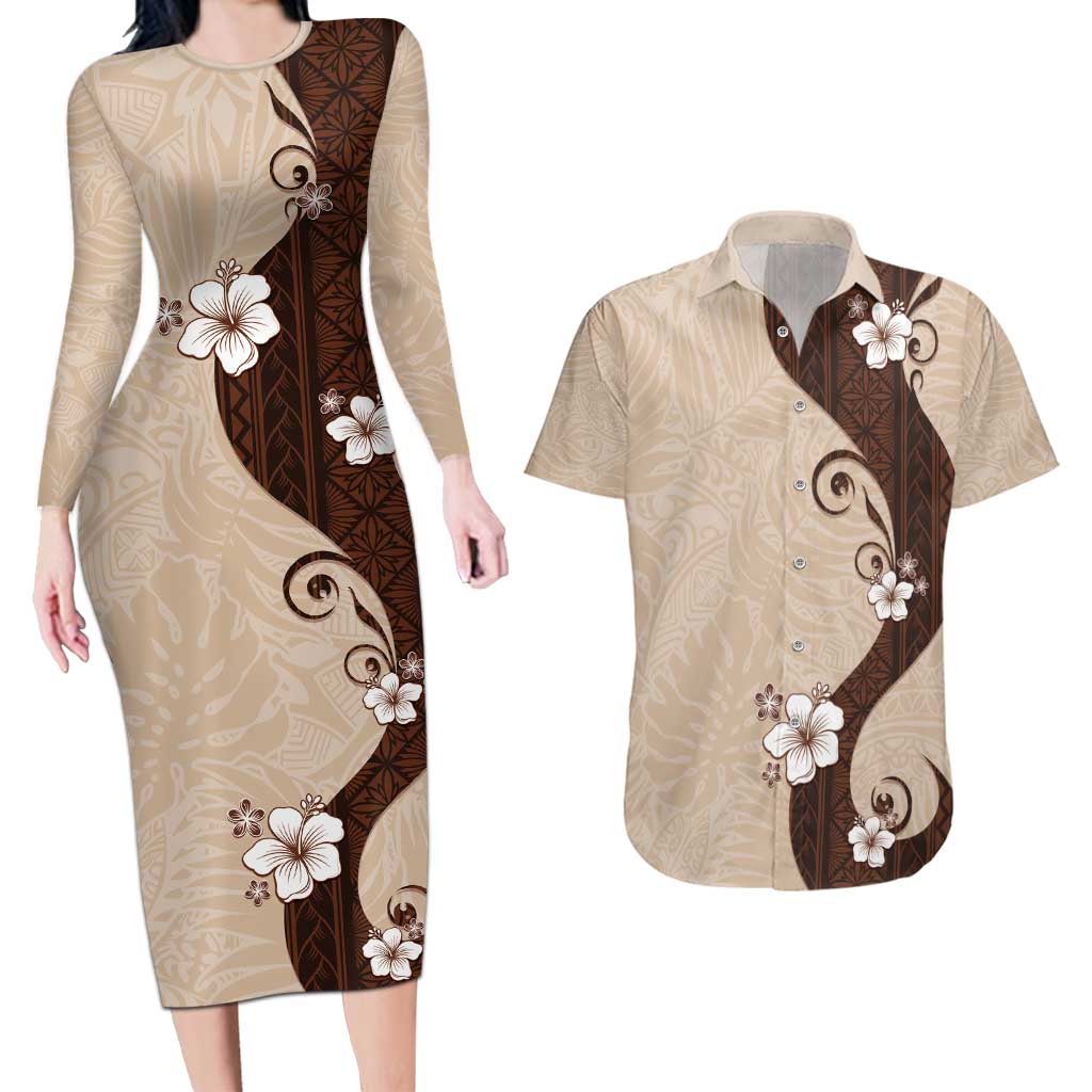 Polynesia Hibiscus Couples Matching Long Sleeve Bodycon Dress and Hawaiian Shirt Cameo Curve Motif - Polynesian Pride