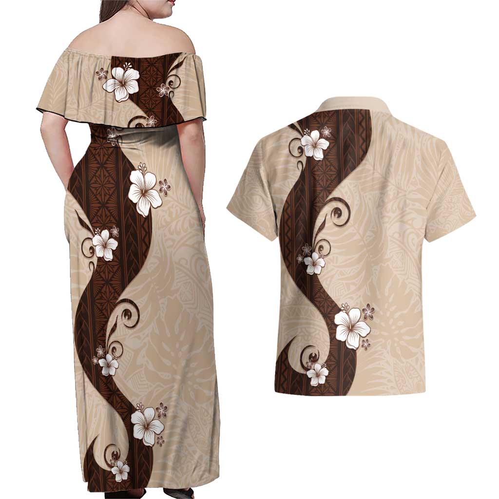 Polynesia Hibiscus Couples Matching Off Shoulder Maxi Dress and Hawaiian Shirt Cameo Curve Motif - Polynesian Pride