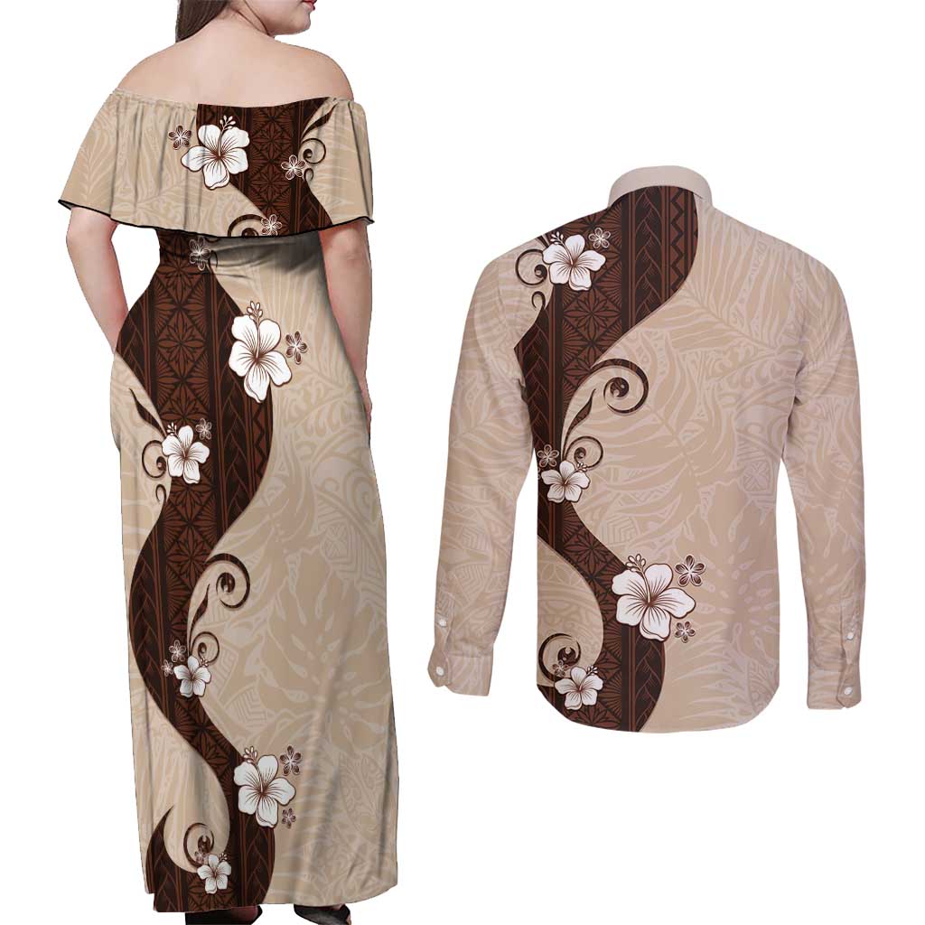 Polynesia Hibiscus Couples Matching Off Shoulder Maxi Dress and Long Sleeve Button Shirt Cameo Curve Motif - Polynesian Pride