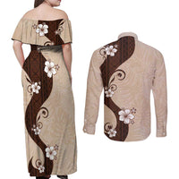 Polynesia Hibiscus Couples Matching Off Shoulder Maxi Dress and Long Sleeve Button Shirt Cameo Curve Motif - Polynesian Pride
