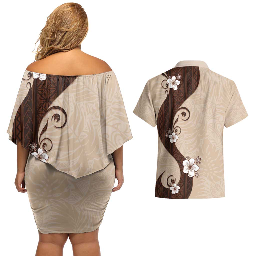 Polynesia Hibiscus Couples Matching Off Shoulder Short Dress and Hawaiian Shirt Cameo Curve Motif - Polynesian Pride