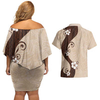 Polynesia Hibiscus Couples Matching Off Shoulder Short Dress and Hawaiian Shirt Cameo Curve Motif - Polynesian Pride