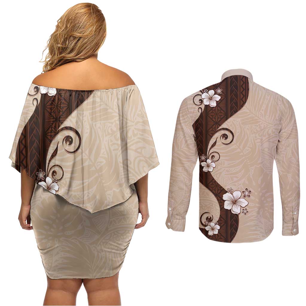 Polynesia Hibiscus Couples Matching Off Shoulder Short Dress and Long Sleeve Button Shirt Cameo Curve Motif - Polynesian Pride
