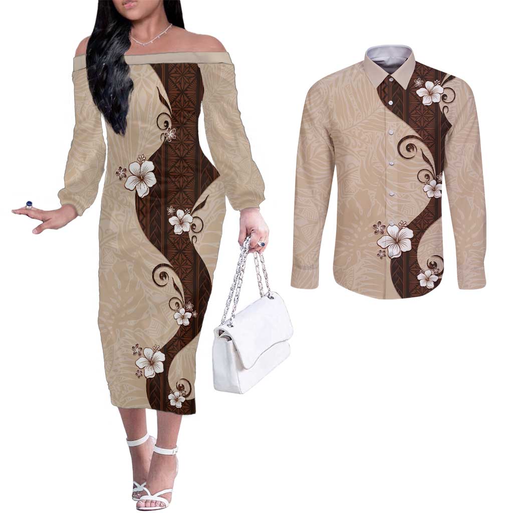 Polynesia Hibiscus Couples Matching Off The Shoulder Long Sleeve Dress and Long Sleeve Button Shirt Cameo Curve Motif - Polynesian Pride