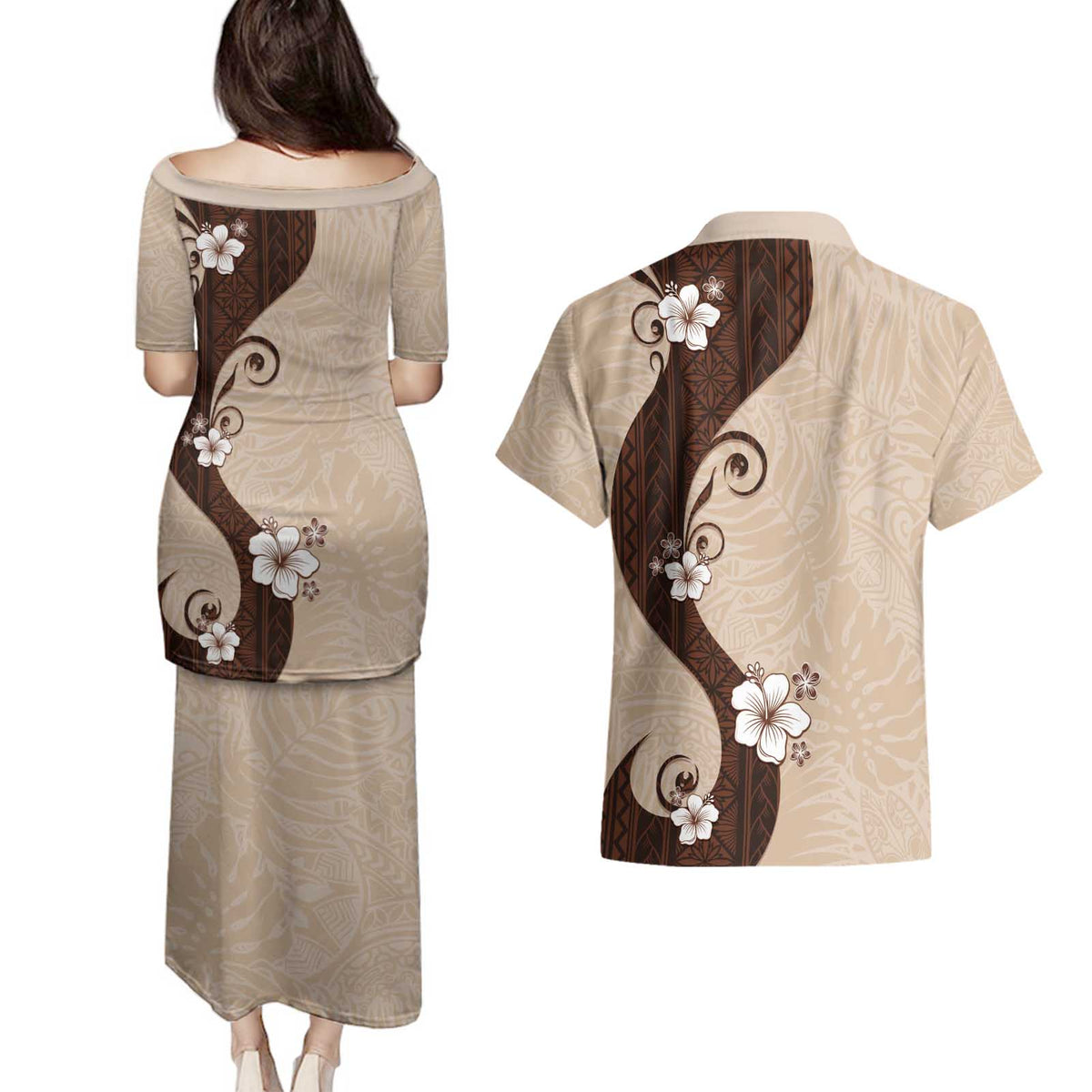 Polynesia Hibiscus Couples Matching Puletasi and Hawaiian Shirt Cameo Curve Motif - Polynesian Pride
