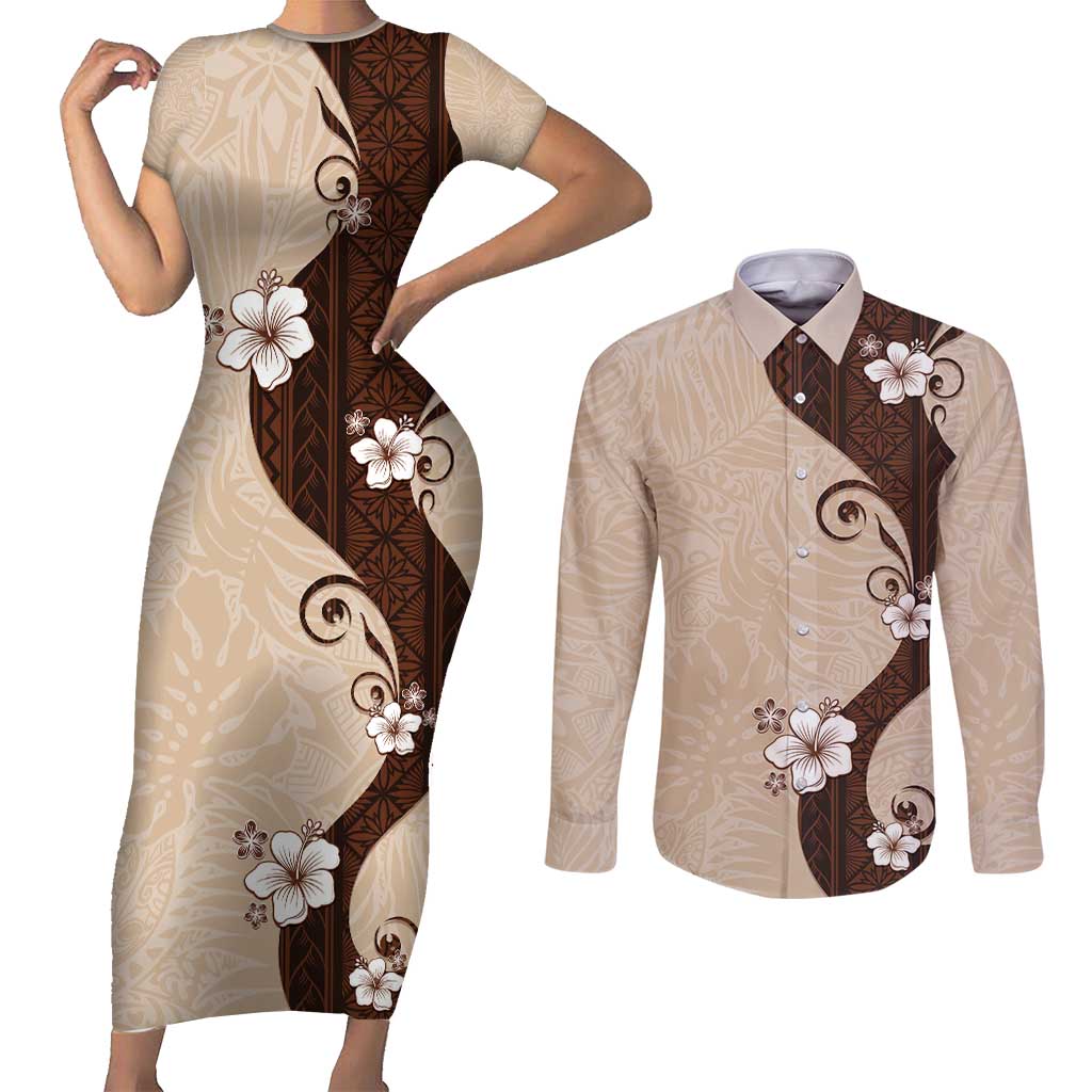 Polynesia Hibiscus Couples Matching Short Sleeve Bodycon Dress and Long Sleeve Button Shirt Cameo Curve Motif - Polynesian Pride
