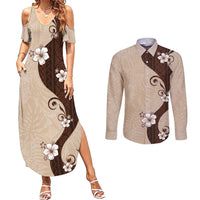Polynesia Hibiscus Couples Matching Summer Maxi Dress and Long Sleeve Button Shirt Cameo Curve Motif - Polynesian Pride