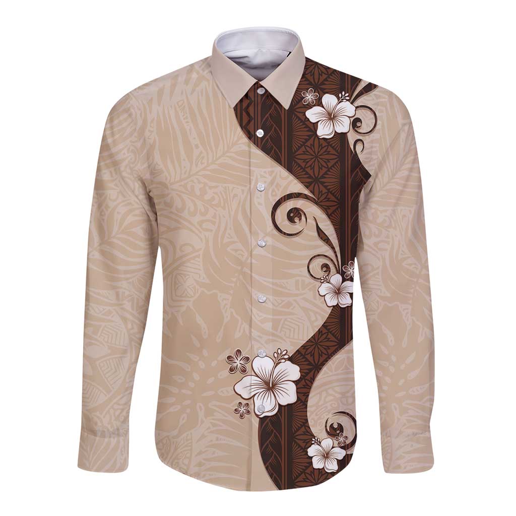 Polynesia Hibiscus Long Sleeve Button Shirt Cameo Curve Motif LT05 Unisex Beige - Polynesian Pride