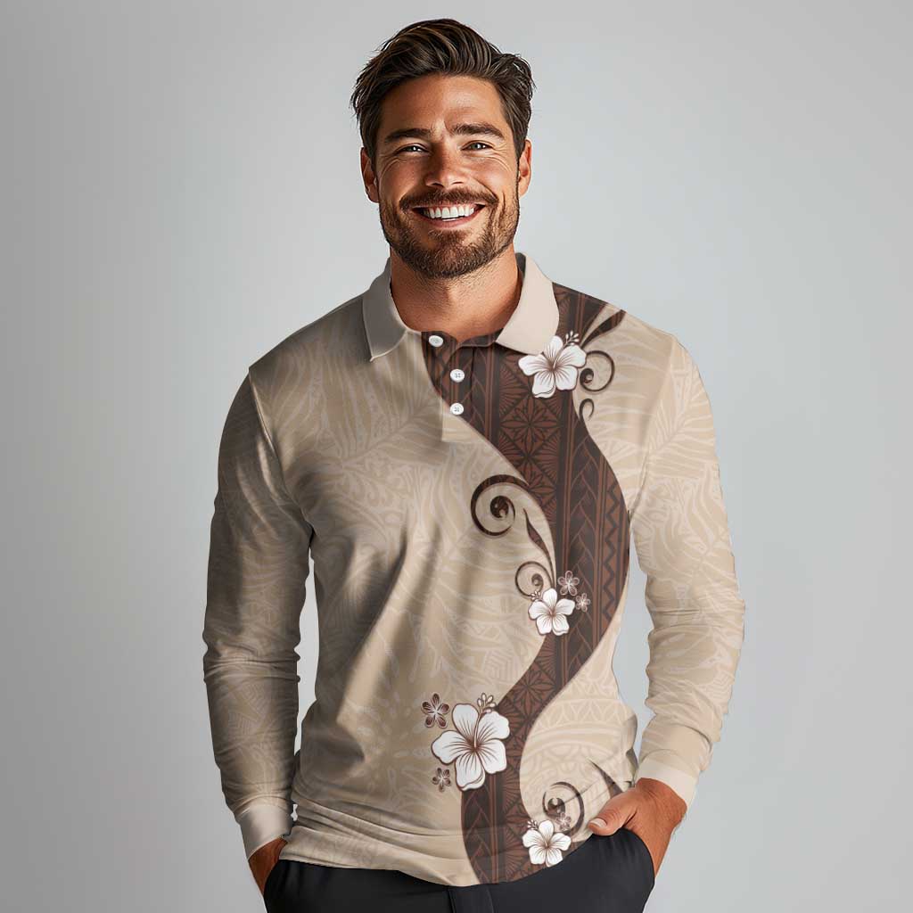 Polynesia Hibiscus Long Sleeve Polo Shirt Cameo Curve Motif - Polynesian Pride