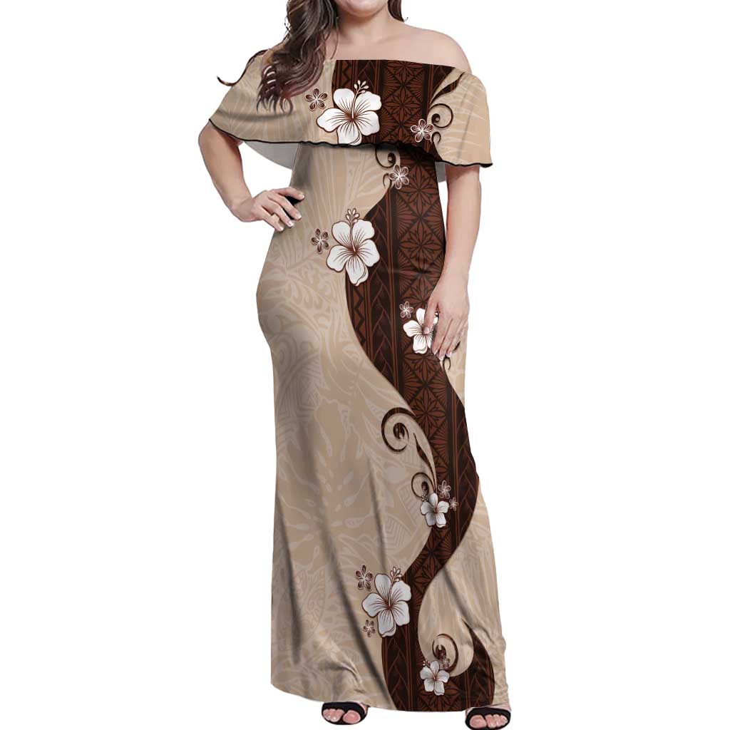 Polynesia Hibiscus Off Shoulder Maxi Dress Cameo Curve Motif LT05 Women Beige - Polynesian Pride
