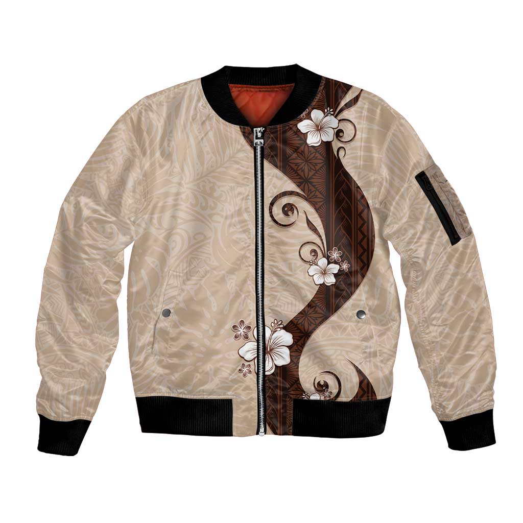 Polynesia Hibiscus Sleeve Zip Bomber Jacket Cameo Curve Motif - Polynesian Pride