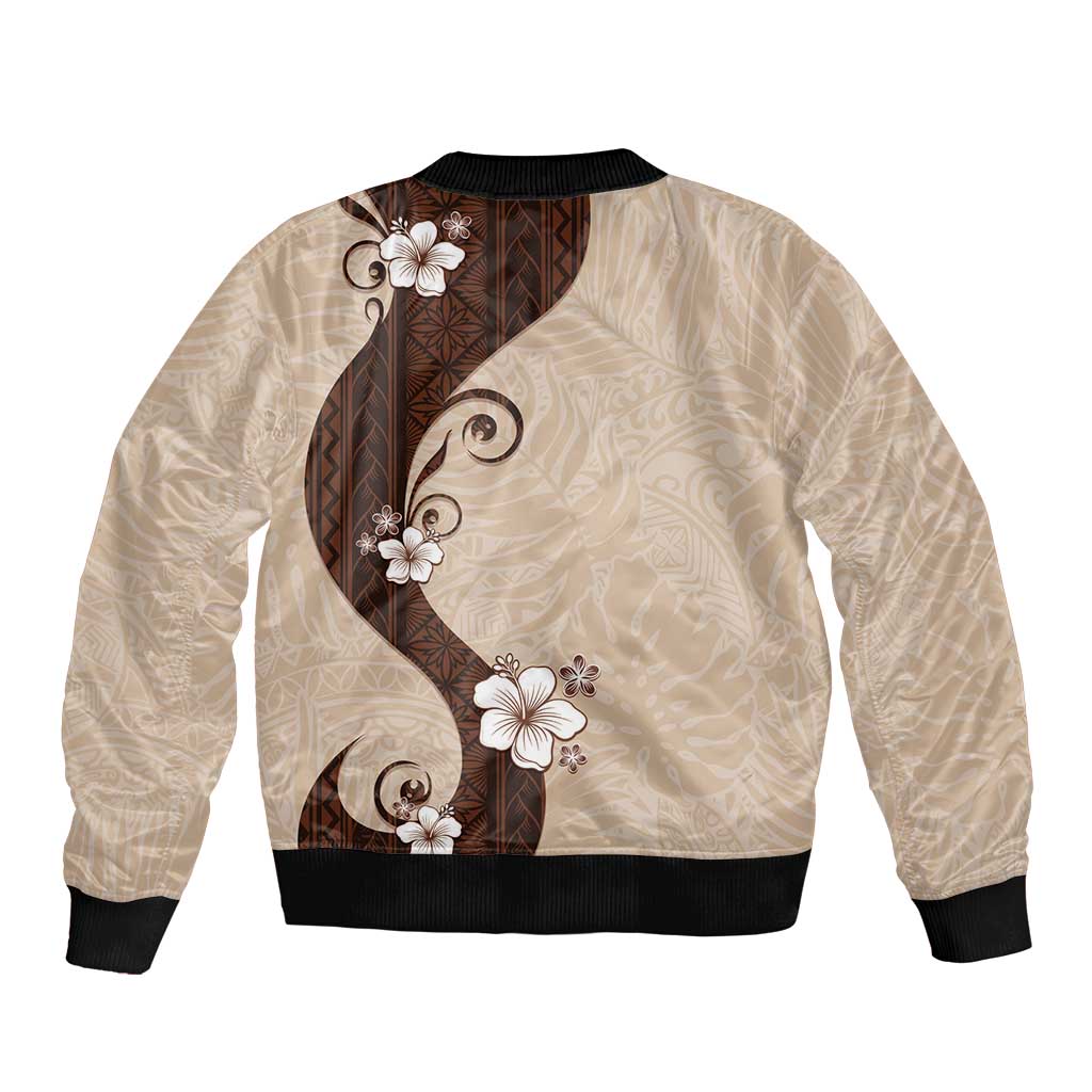 Polynesia Hibiscus Sleeve Zip Bomber Jacket Cameo Curve Motif - Polynesian Pride