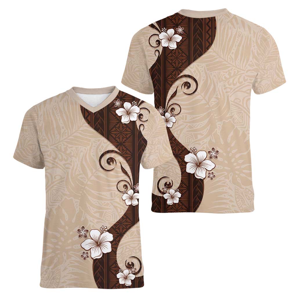 Polynesia Hibiscus Women V-Neck T-Shirt Cameo Curve Motif - Polynesian Pride