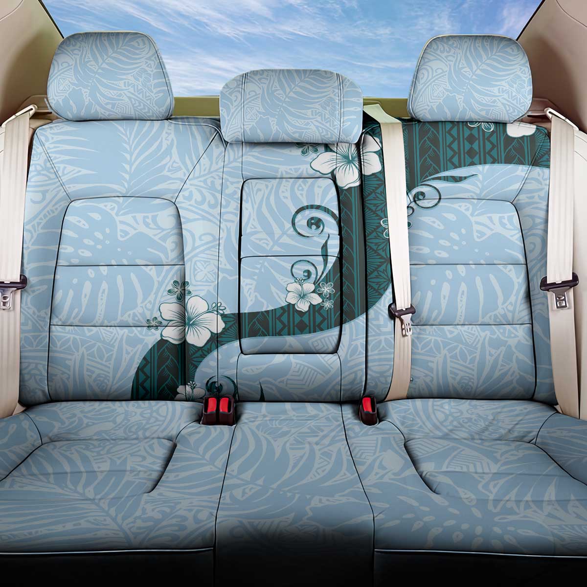Polynesia Hibiscus Back Car Seat Cover Sky Blue Curve Motif - Polynesian Pride
