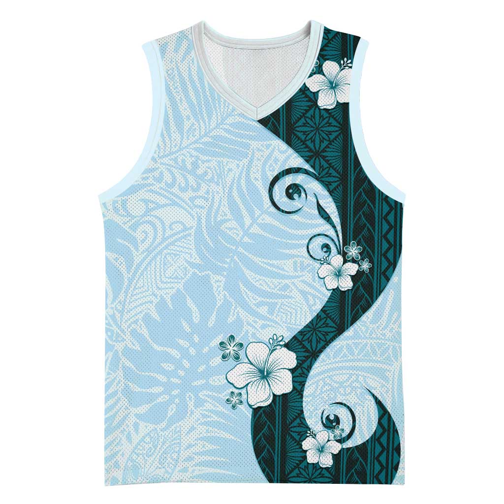 Polynesia Hibiscus Basketball Jersey Sky Blue Curve Motif - Polynesian Pride