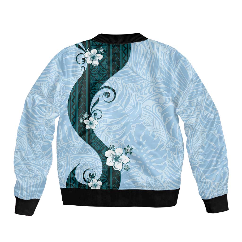 Polynesia Hibiscus Bomber Jacket Sky Blue Curve Motif - Polynesian Pride