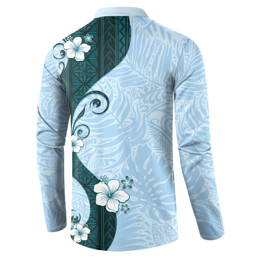 Polynesia Hibiscus Button Sweatshirt Sky Blue Curve Motif - Polynesian Pride