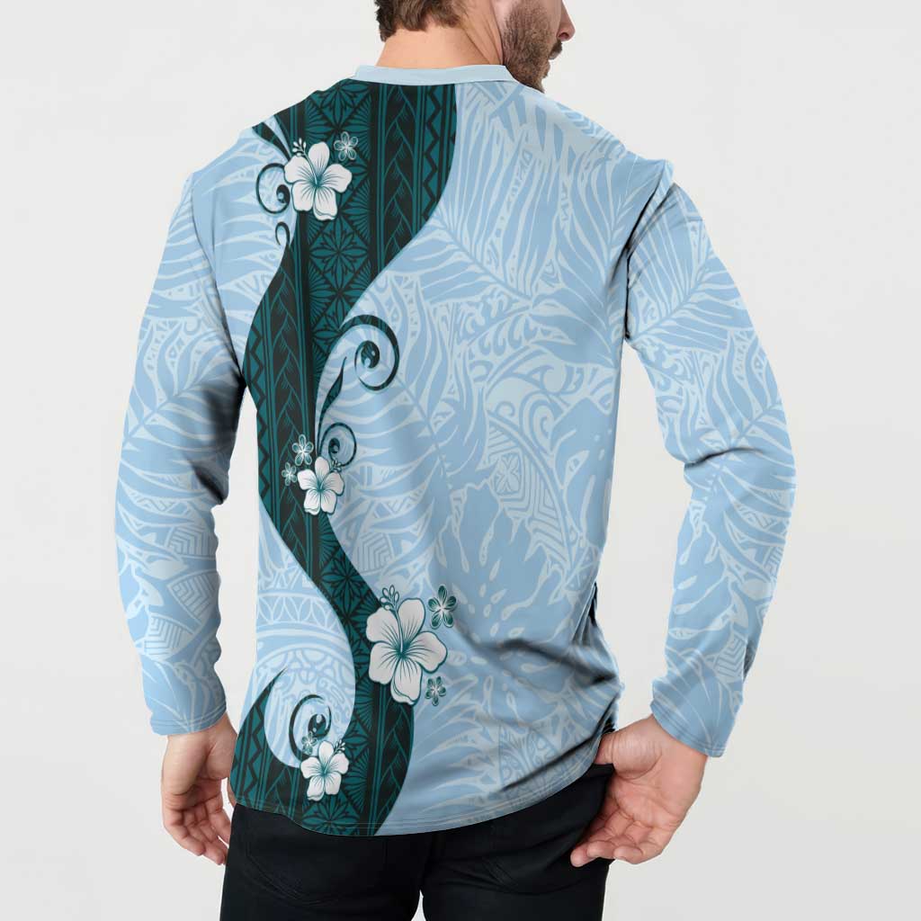 Polynesia Hibiscus Button Sweatshirt Sky Blue Curve Motif - Polynesian Pride